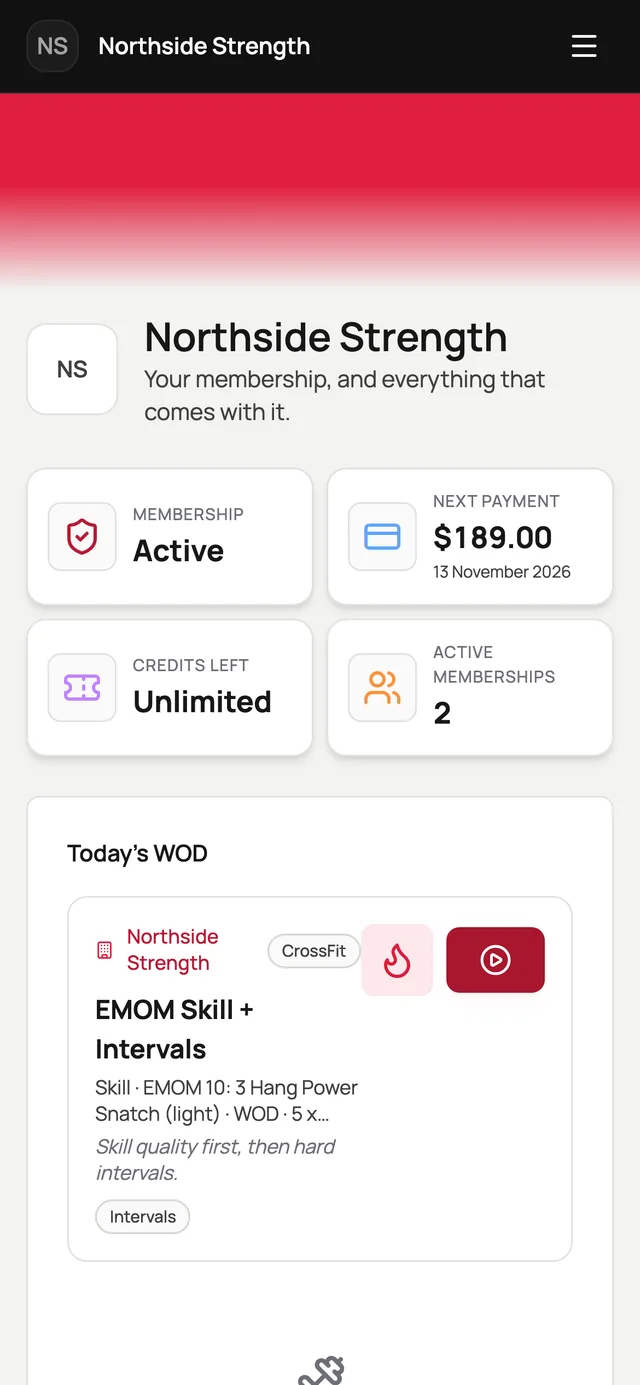 The member app home screen, with membership, next payment and today’s WOD